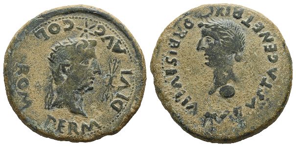 Divus Augustus with Julia Augusta (Livia) AE Dupondius of Romula, Spain.