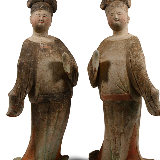 Large Chinese Tang Terracotta Court Lady Pair