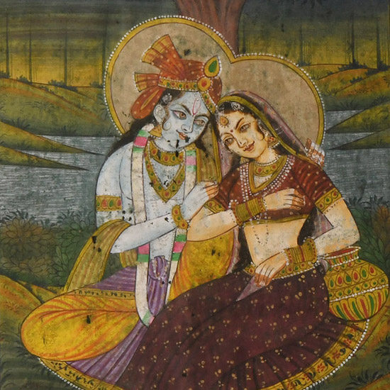 Indian Watercolour Painting with Krishna and Radha
