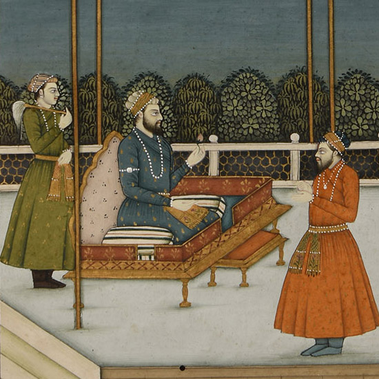 Framed Indian Watercolour Manuscript Leaf with Potentate and Attendant