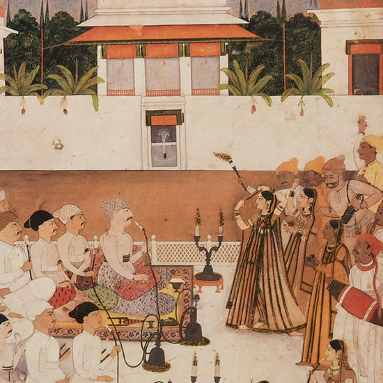 Indian Framed Print with Courtiers Smoking Hookahs