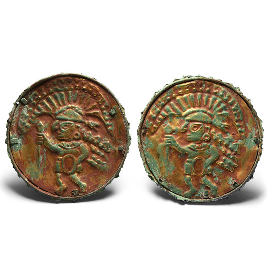 Moche-Sican Style Gilded Ear Spools with Warriors