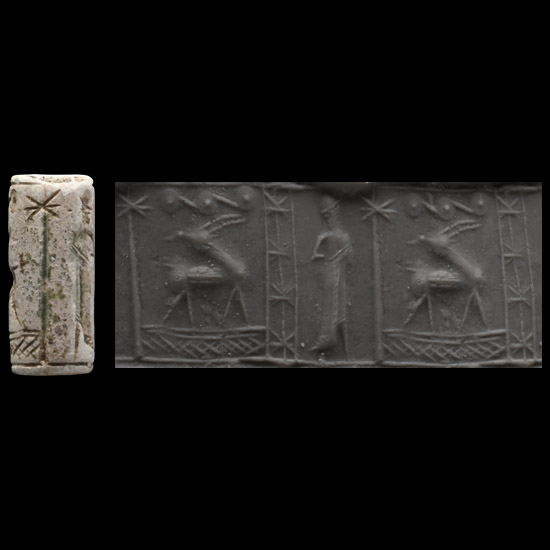 Mitanni Faience Cylinder Seal with Man and Beast