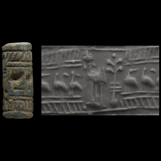 Mitanni Faience Cylinder Seal with Birds and Palm Tree