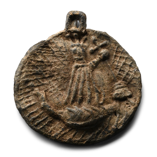Medieval Lead Pilgrims Pendant with Calvary and Dragon-Slaying