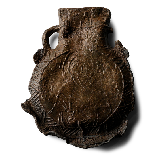 Byzantine Lead Pilgrims Koutrouvion Holy Water Flask with Saint