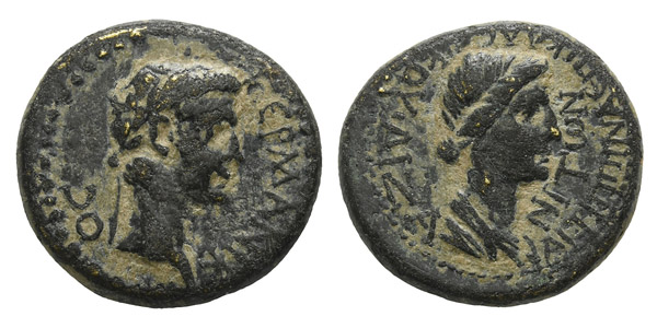 Divus Germanicus with Diva Agrippina Senior AE Hemiassarion or Half Assarion of Aezanis, Phrygia.