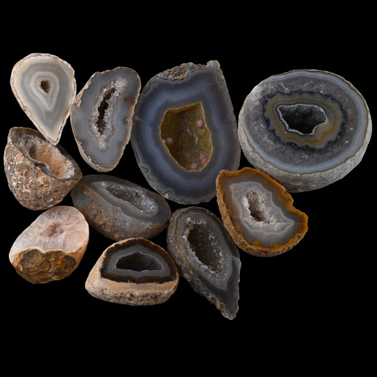 Ten [10] Mixed Cut and Polished Agate Geode Half Group