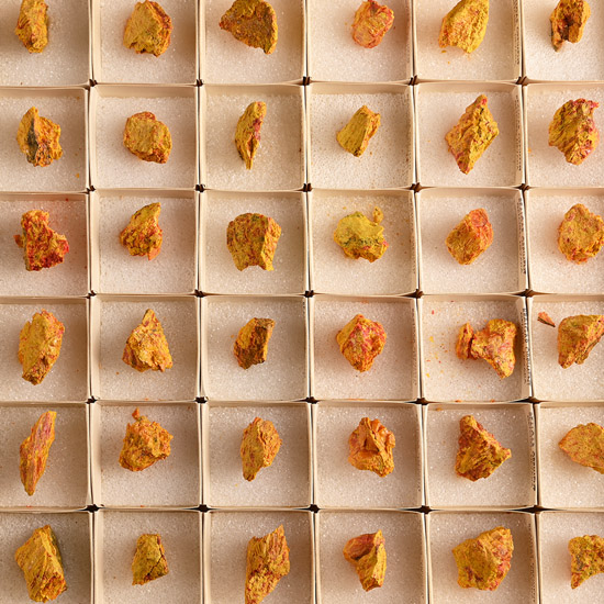 Large Group of Fifty-Four [54] Boxed Realgar Orpiment Mineral Specimens from Getchel, Nevada, USA