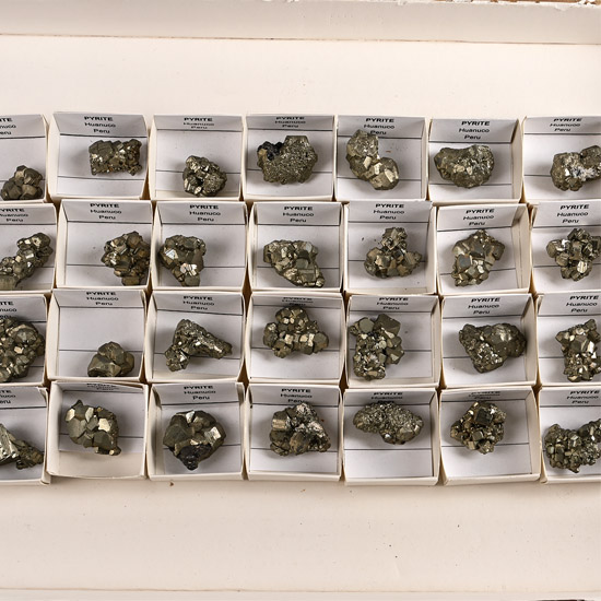Collection of Twenty-Eight [28] Boxed Peruvian Pyrite Crystal Specimens