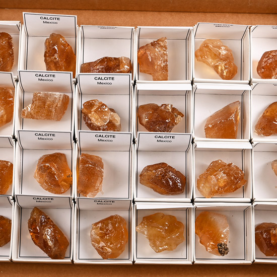 Group of Twenty Four [24] Boxed Orange Calcite Mineral Specimens