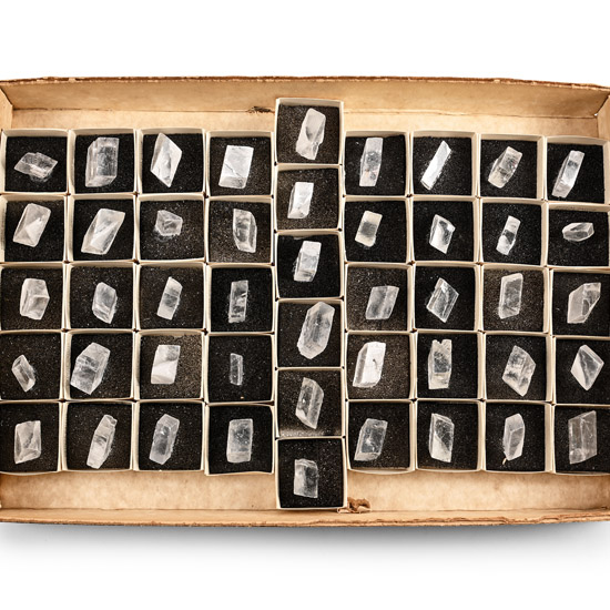 Group of Forty-Six [46] Boxed and Mounted Calcite Rhomb Mineral Specimens