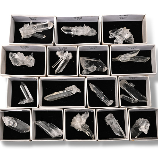 Group of Seventeen [17] Boxed Arkansas Quartz Crystal Display Specimens