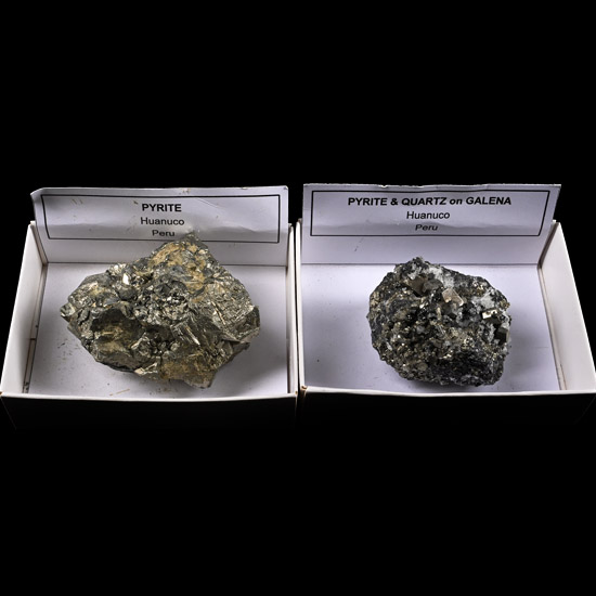 Group of Two [2] Boxed Large Huanuco Pyrite and Pyrite and Quartz on Galena Crystal Specimens