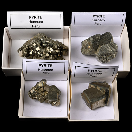 Group of Four [4] Boxed Large Huanuco Pyrite Crystal Specimens