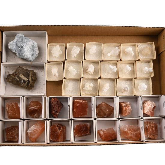 Group of Thirty Three [33] Boxed Mexican Calcite and Other Crystal Specimens