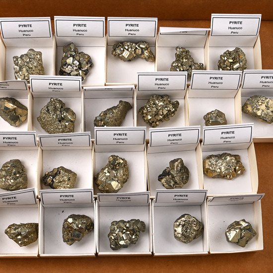 Group of Twenty One [21] Boxed Mexican Pyrite Fools Gold Crystal Specimens