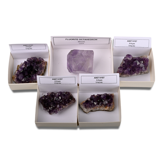 Group of Five [5] Amethyst and Fluorite Crystal Specimens