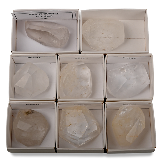 Group of Eight [8] Boxed Quartz and Smoky Quartz Crystal Specimens