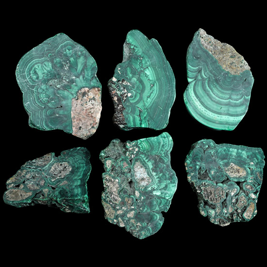 Group of Six [6] Congo Natural Malachite Cut Slabs