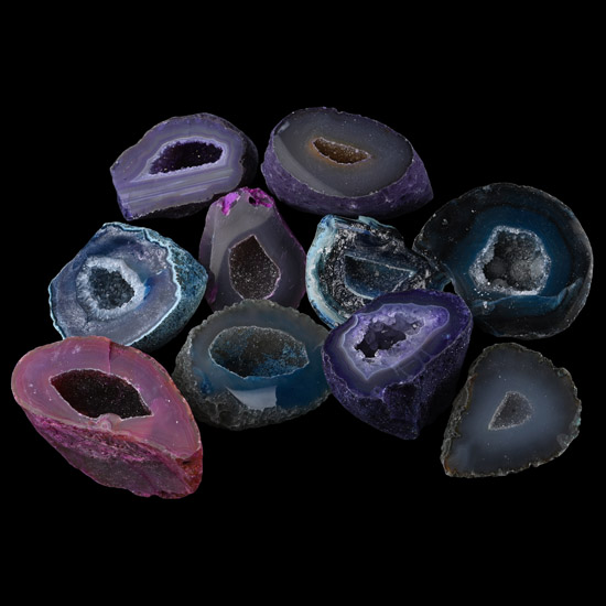 Group of Ten [10] Cut and Polished Coloured Crystal Geode Halves