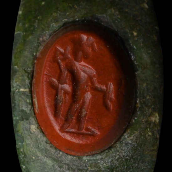Roman Bronze Ring Bezel with Standing God Gemstone