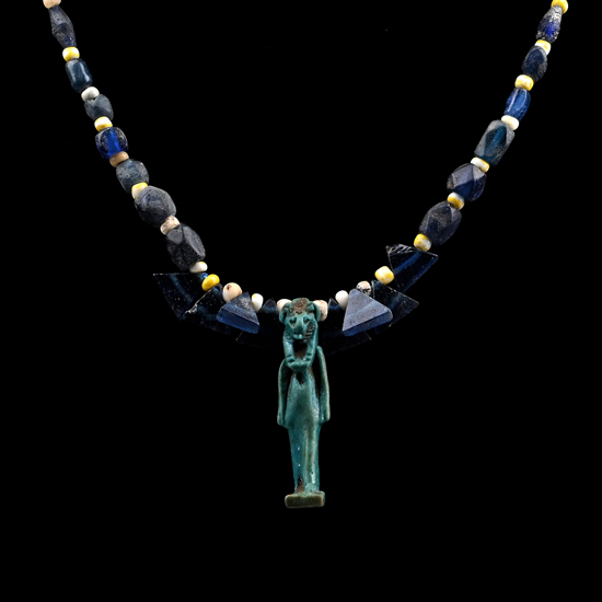 Egyptian Glass Bead Necklace with Large Sekhmet Faience Amulet