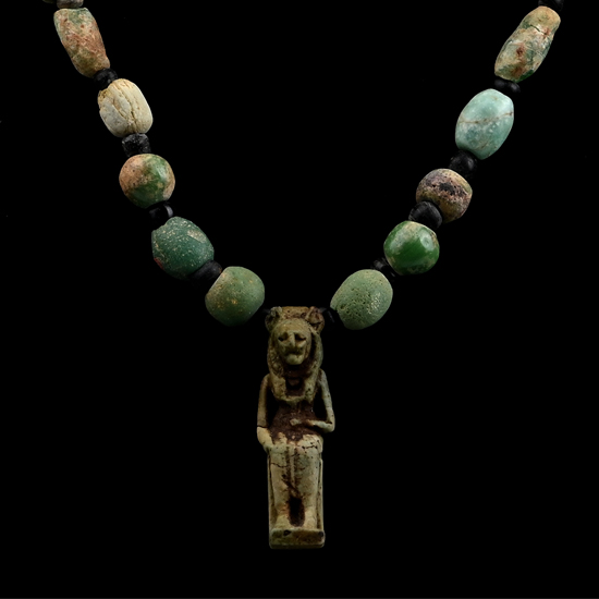 Egyptian Glass Bead Necklace with Large Sekhmet Faience Amulet