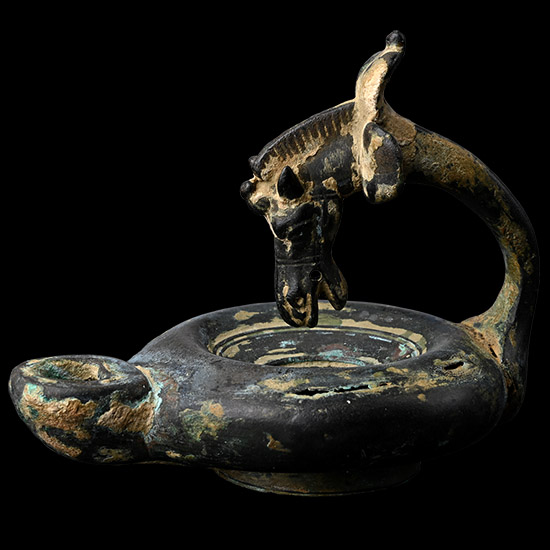 Roman Bronze Oil Lamp with Horse-Head Handle