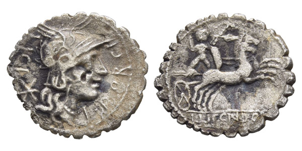 L. Porcius Licinus AR Serrate Denarius.