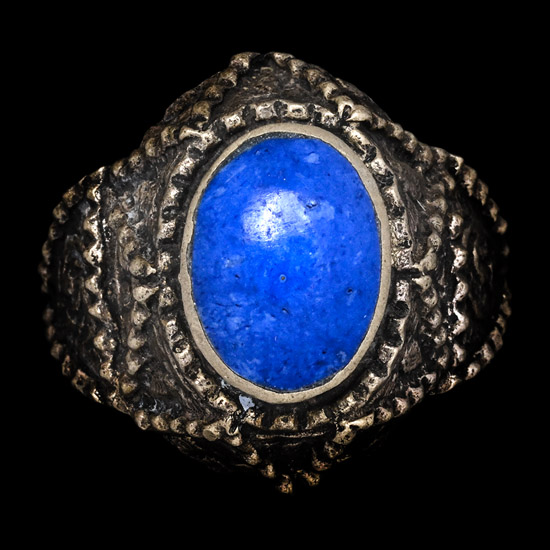 Ottoman Style Silver-Coloured Metal Ring with Blue Cabochon