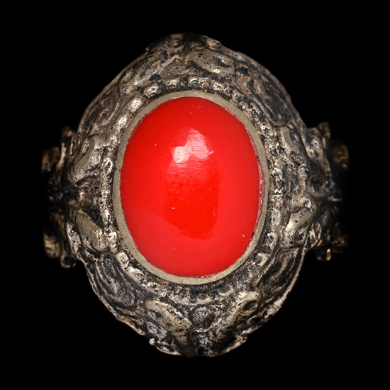 Ottoman Empire Silver-Coloured Metal Ring with Red  Cabochon