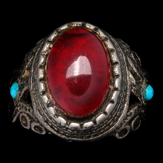 Ottoman Empire Silver-Coloured Metal Ring with Red Cabochon