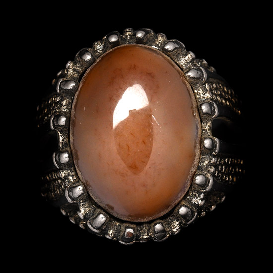 Ottoman Empire Silver-Coloured Metal Ring with Brown Cabochon