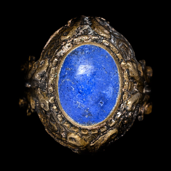 Ottoman Style Silver-Coloured Metal Ring with Blue Cabochon