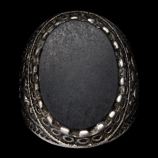Ottoman Empire Silver-Coloured Metal Ring with Flat Black Stone