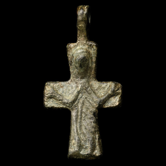 Byzantine Bronze Cross Pendant with Corpus Christi