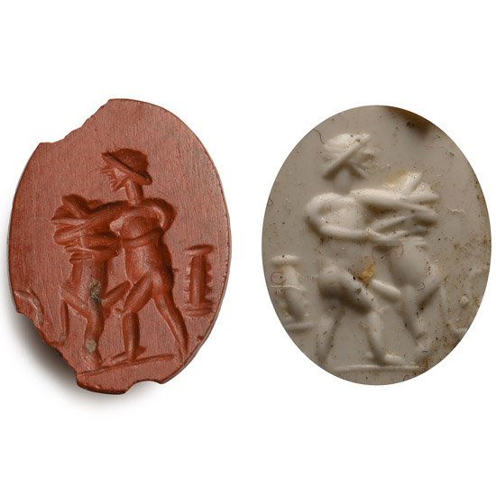 Roman Red Jasper Gemstone with Gladiator Fighting a Lion