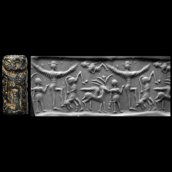 Western Asiatic Black Stone Cylinder Seal with Winged God