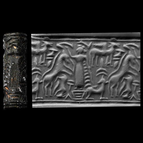 Western Asiatic Black Stone Cylinder Seal with Master of Animals