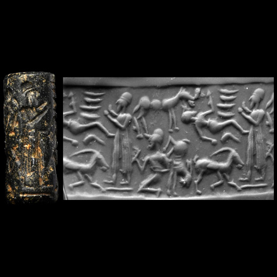 Western Asiatic Black Stone Cylinder Seal with Worship Scene