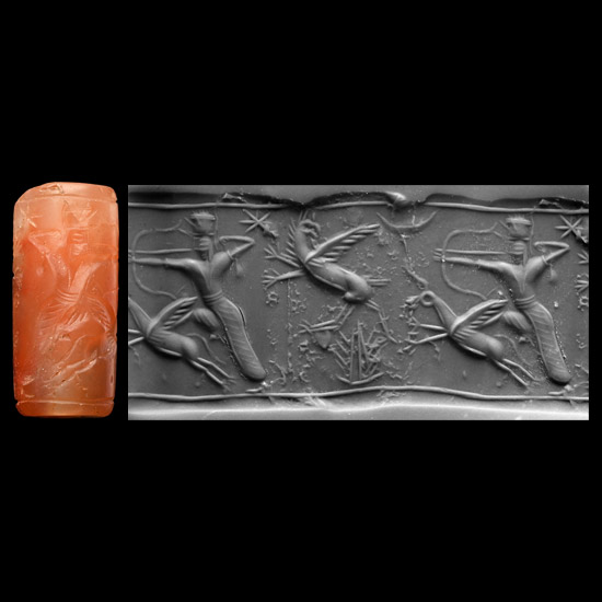 Western Asiatic Orange Carnelian Cylinder Seal with Hunting Scene