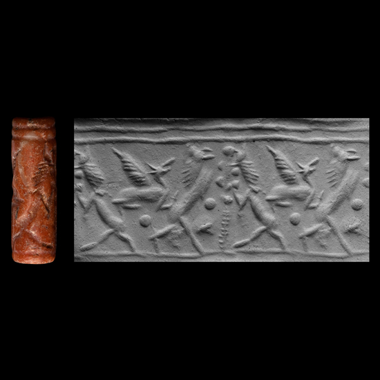 Western Asiatic Red Agate Cylinder Seal with Gryphons