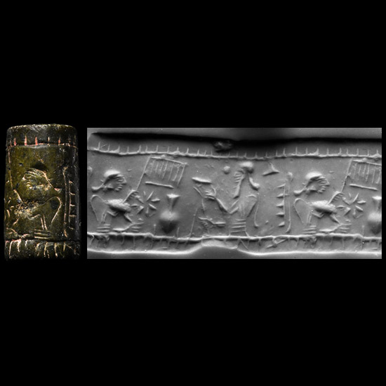 Western Asiatic Black Stone Cylinder Seal with Court Scene