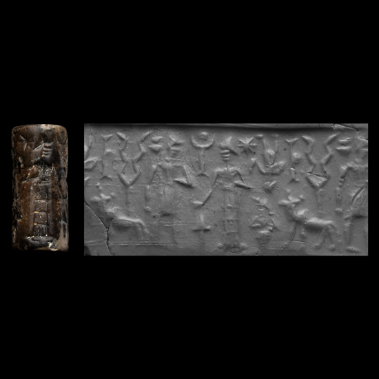 Western Asiatic Grey Stone Cylinder Seal with Figures and Animals