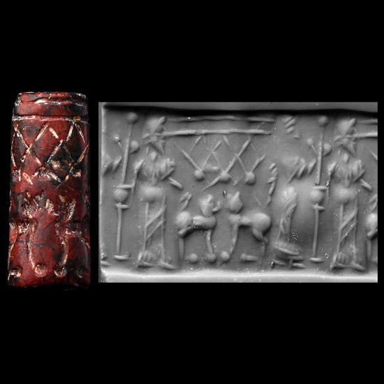 Western Asiatic Dark Red Jasper Cylinder Seal with Figural Scene
