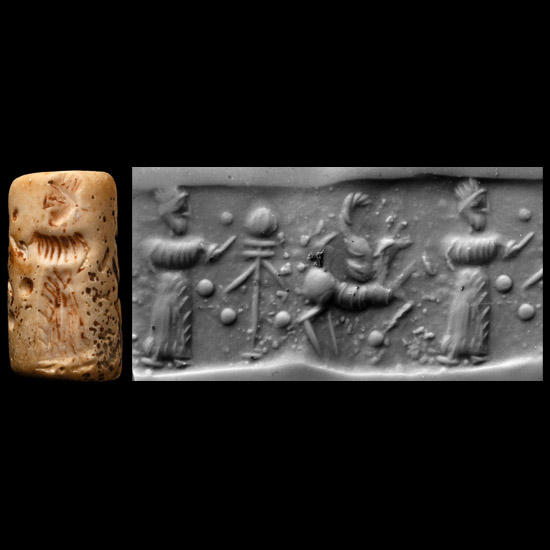 Western Asiatic Cream Stone Cylinder Seal with Figure and Gryphon