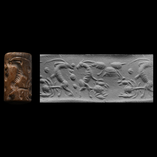 Western Asiatic Brown Stone Cylinder Seal with Ibexes