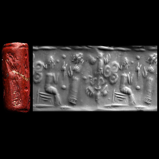 Western Asiatic Red Jasper Cylinder Seal with Court Scene