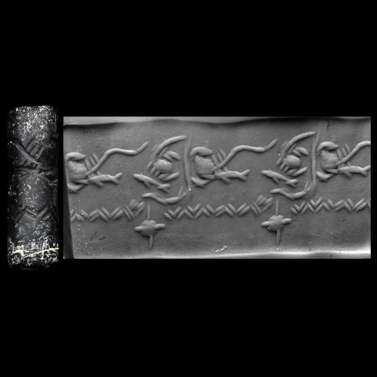 Western Asiatic Black Stone Cylinder Seal with Sea Creatures